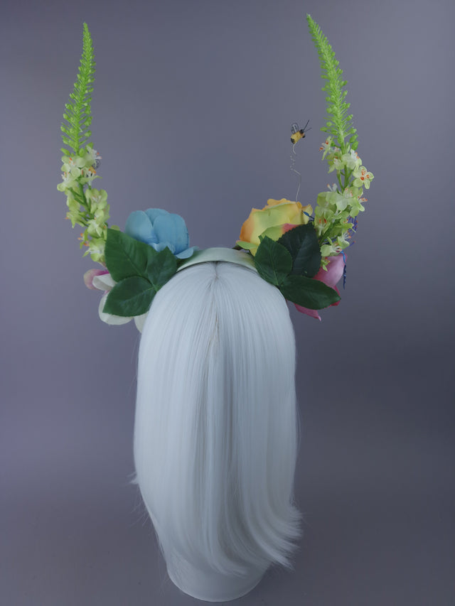 Pearls & Swine: Maximalist Floral Horn Headpiece with Bees "Fae"