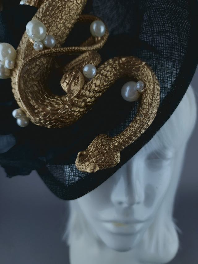 "Serpentt" Black Rose, Gold Snake & Pearl Fascinator Hat