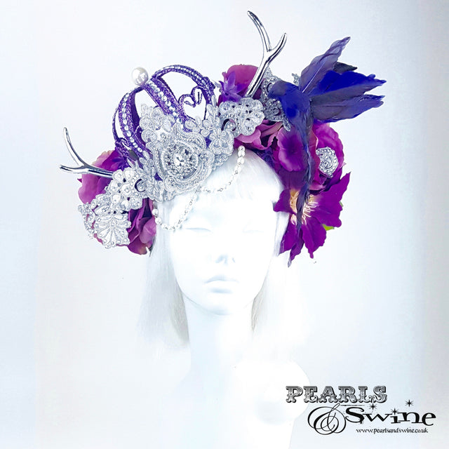 "Avalon" Purple Crown & Bird Floral Antler Headpiece