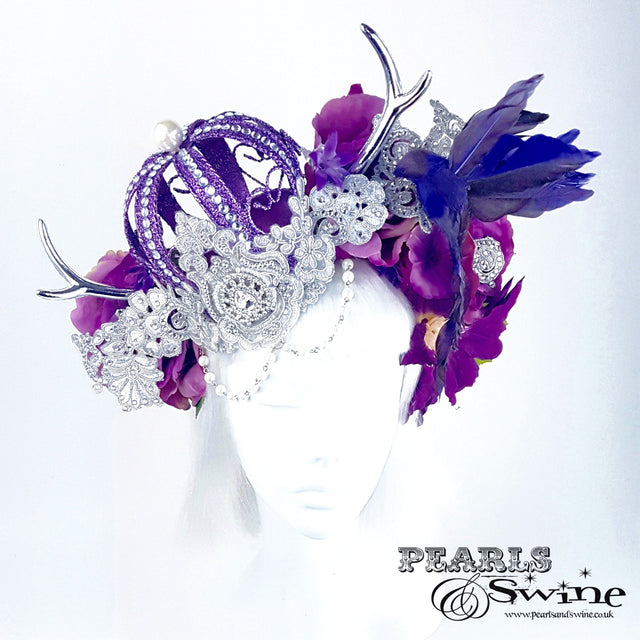 "Avalon" Purple Crown & Bird Floral Antler Headpiece
