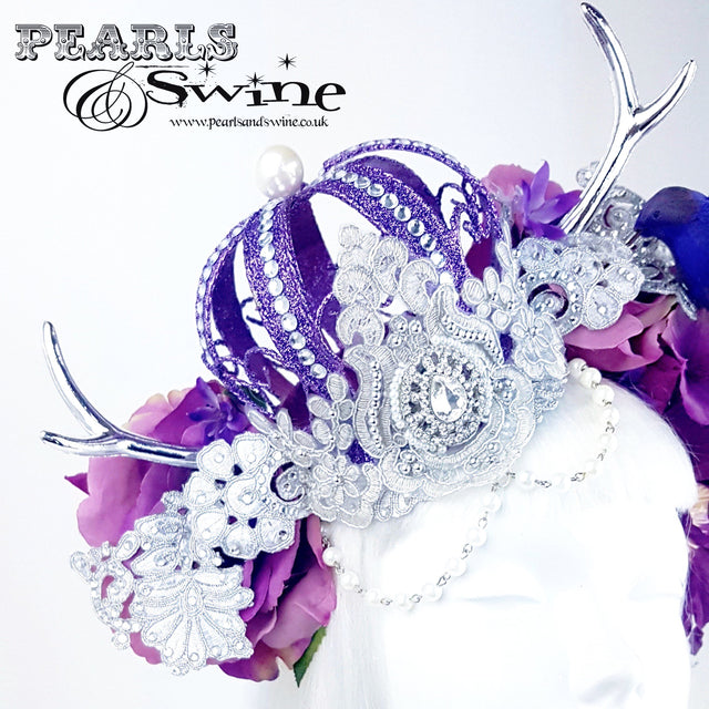 "Avalon" Purple Crown & Bird Floral Antler Headpiece