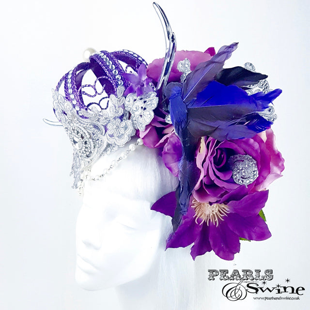 "Avalon" Purple Crown & Bird Floral Antler Headpiece