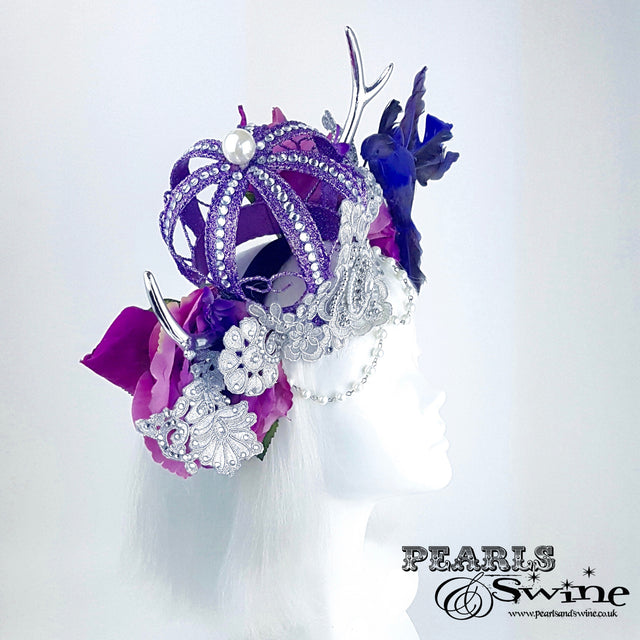 "Avalon" Purple Crown & Bird Floral Antler Headpiece