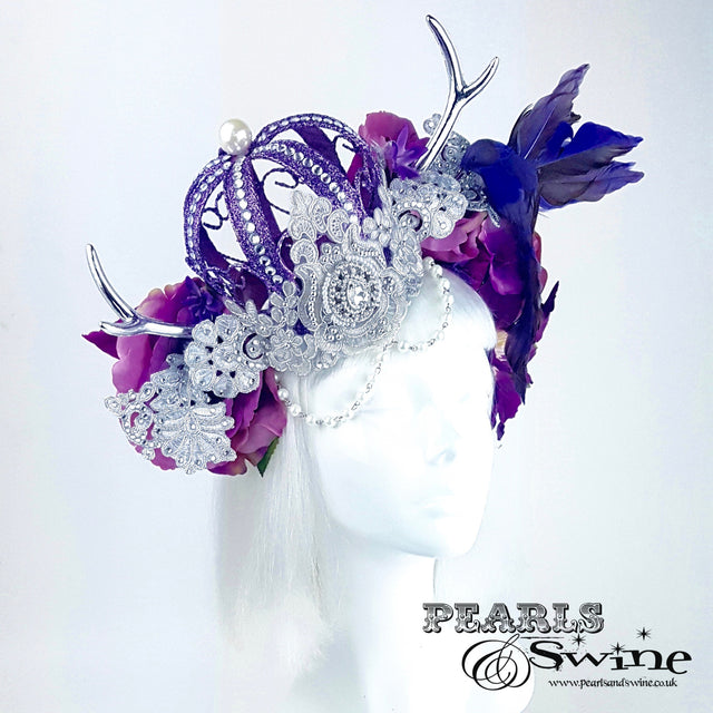 "Avalon" Purple Crown & Bird Floral Antler Headpiece