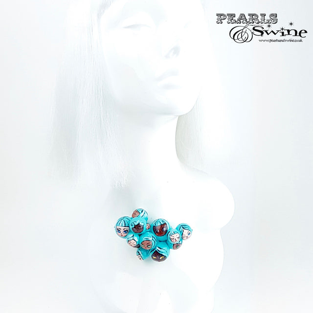 "Aqua Poppets" Blue Bubble DollFace Necklace