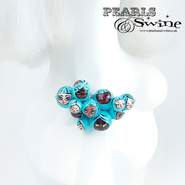"Aqua Poppets" Blue Bubble DollFace Necklace