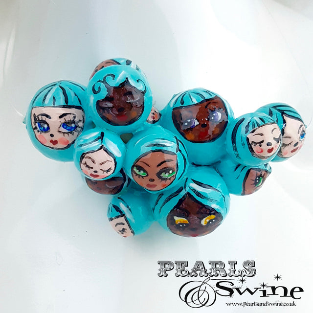 "Aqua Poppets" Blue Bubble DollFace Necklace