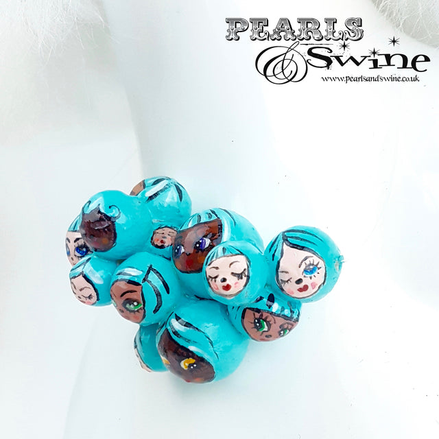 "Aqua Poppets" Blue Bubble DollFace Necklace
