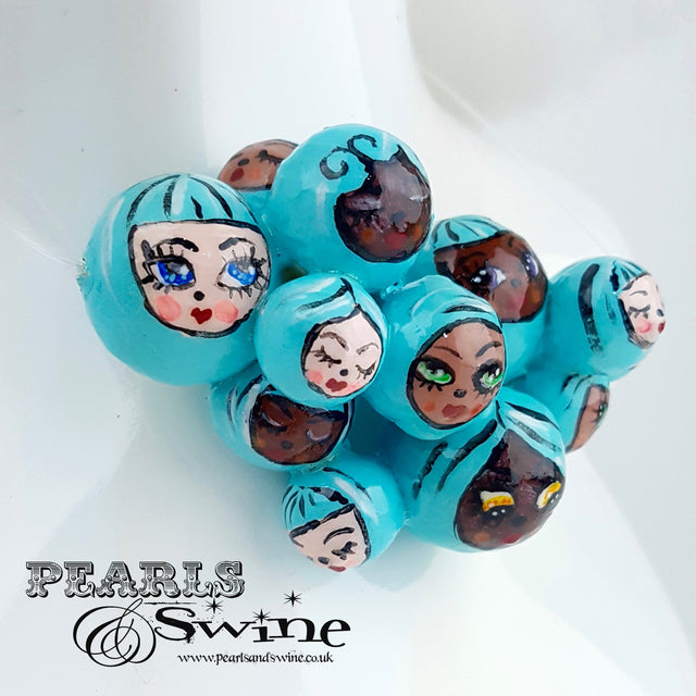 "Aqua Poppets" Blue Bubble DollFace Necklace