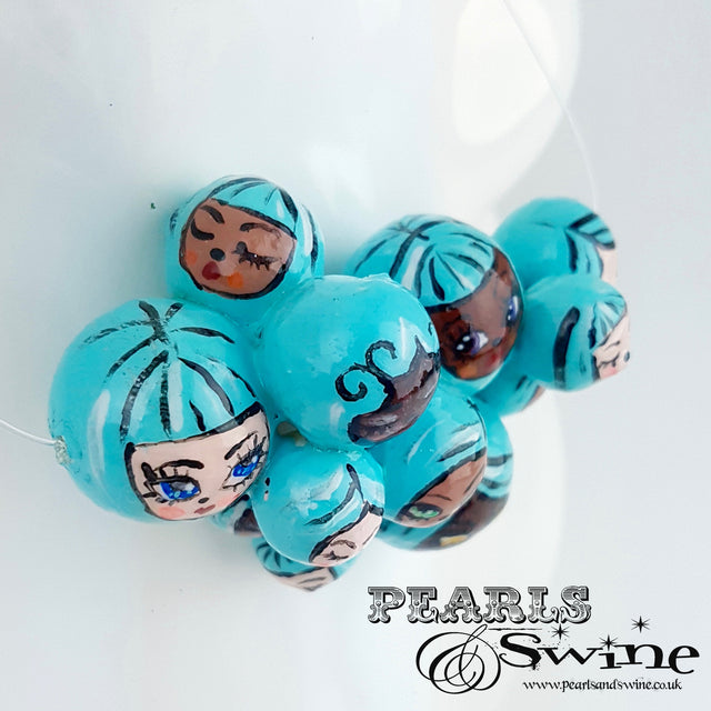 "Aqua Poppets" Blue Bubble DollFace Necklace