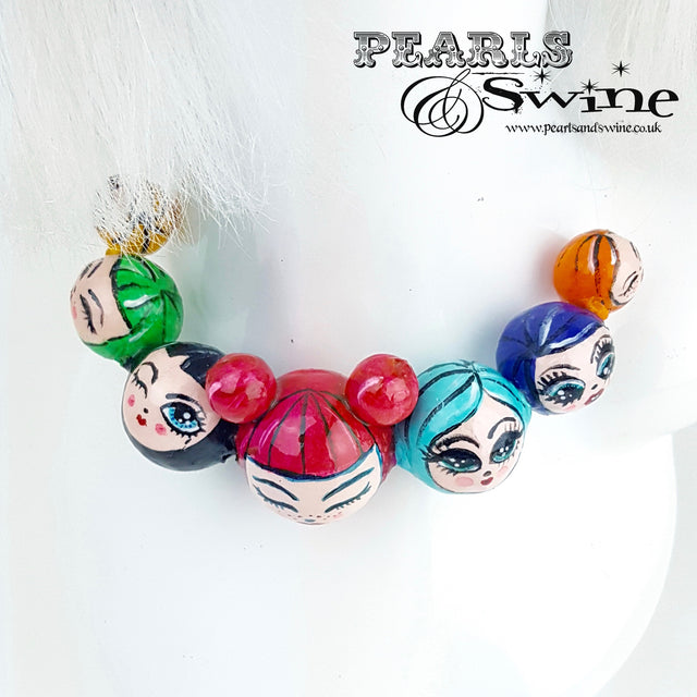 "A Ring of Poppets" Colourful DollFace Necklace