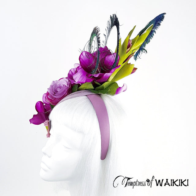"Maurelle" Pink Purple Gladioli & Rose Headpiece with Peacock Feathers