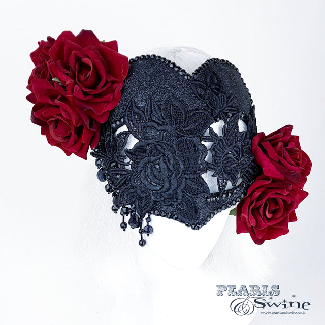 "Rozalia" Black Jewelled Heart Rose Mask