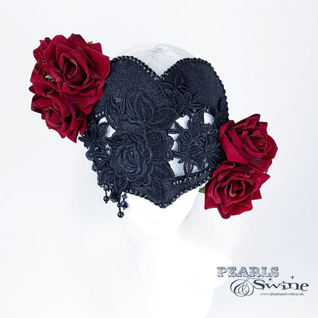 "Rozalia" Black Jewelled Heart Rose Mask