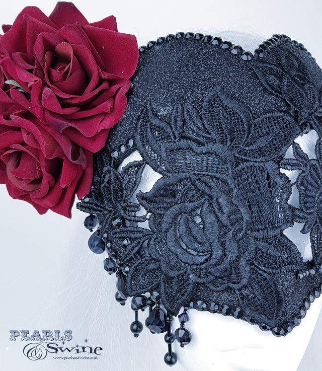 "Rozalia" Black Jewelled Heart Rose Mask