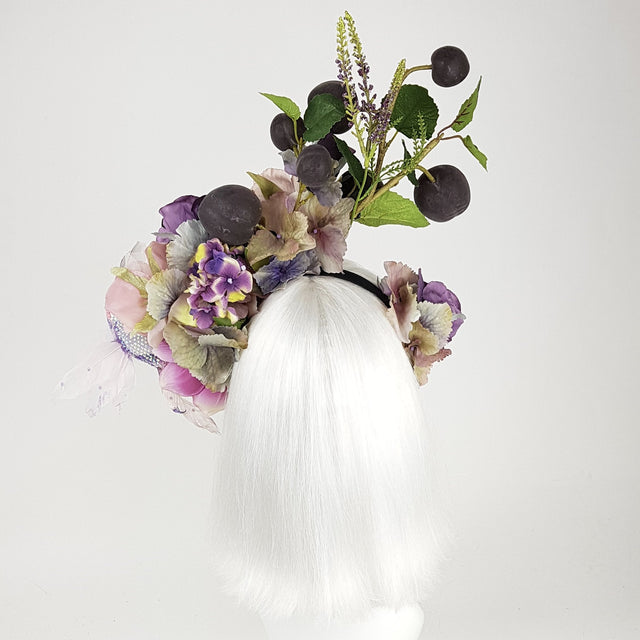 "Fleur De Prunier" Pink Purple Plum & Floral Rose Headpiece with Crystal Bird