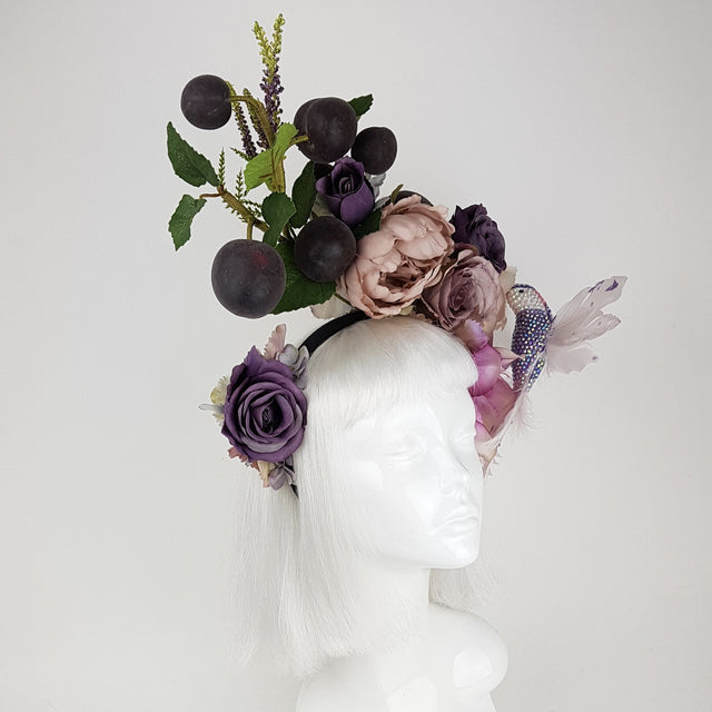 "Fleur De Prunier" Pink Purple Plum & Floral Rose Headpiece with Crystal Bird