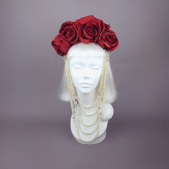 "Majesté" Red Rose & Pearl Headdress