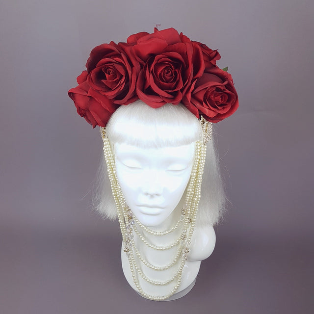 "Majesté" Red Rose & Pearl Headdress