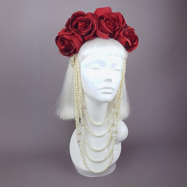 "Majesté" Red Rose & Pearl Headdress