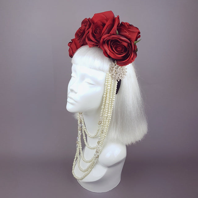 "Majesté" Red Rose & Pearl Headdress