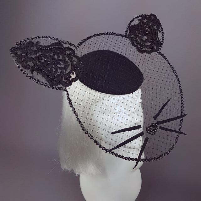 "Minou" Black Cat Wired Veil Hat