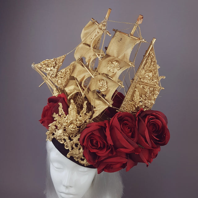 "Aurum Rosa" Gold Ship & Red Roses Headdress
