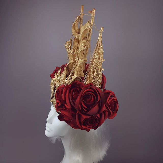 "Aurum Rosa" Gold Ship & Red Roses Headdress