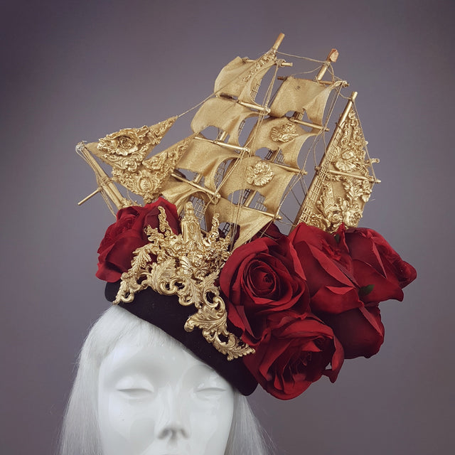 "Aurum Rosa" Gold Ship & Red Roses Headdress