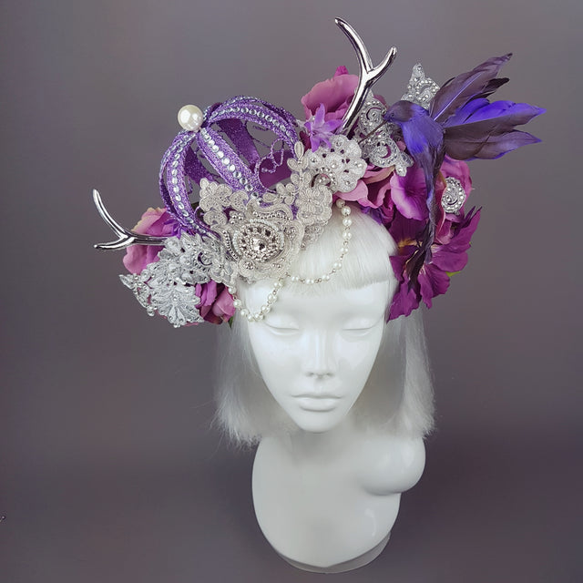 "Avalon" Purple Crown & Bird Floral Antler Headpiece