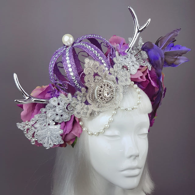 "Avalon" Purple Crown & Bird Floral Antler Headpiece