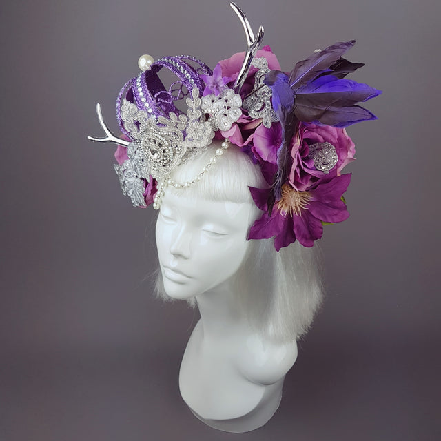 "Avalon" Purple Crown & Bird Floral Antler Headpiece