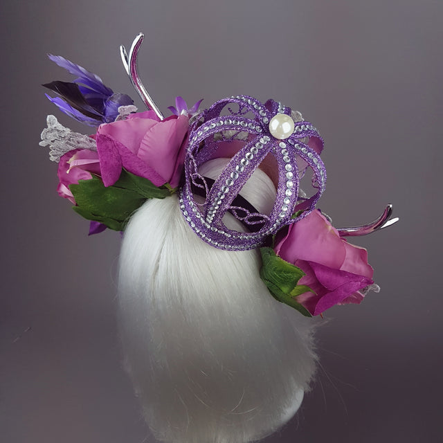 "Avalon" Purple Crown & Bird Floral Antler Headpiece