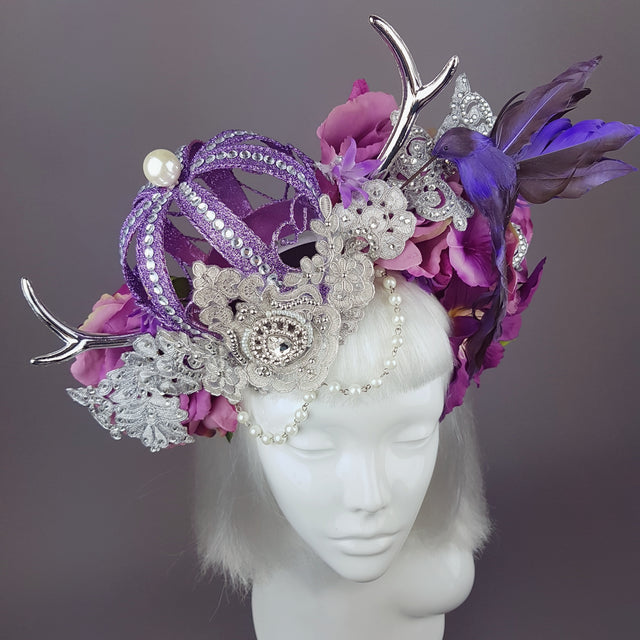 "Avalon" Purple Crown & Bird Floral Antler Headpiece