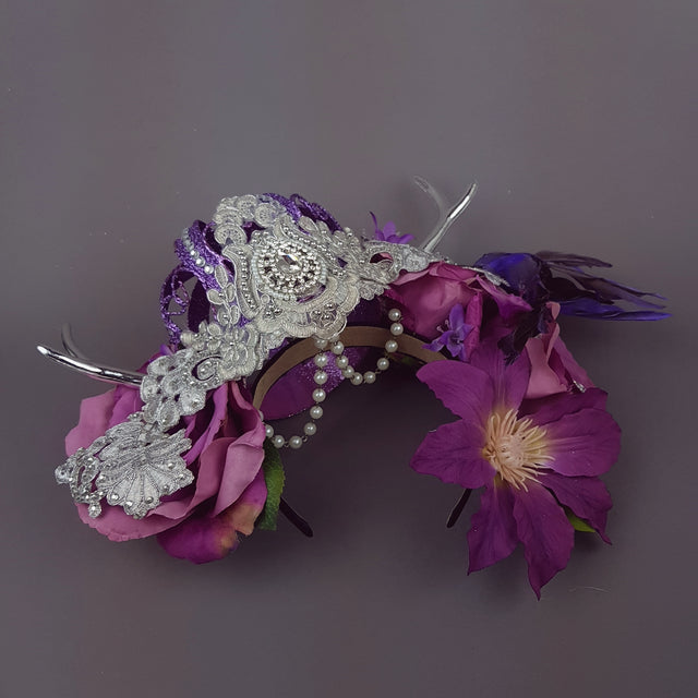 "Avalon" Purple Crown & Bird Floral Antler Headpiece
