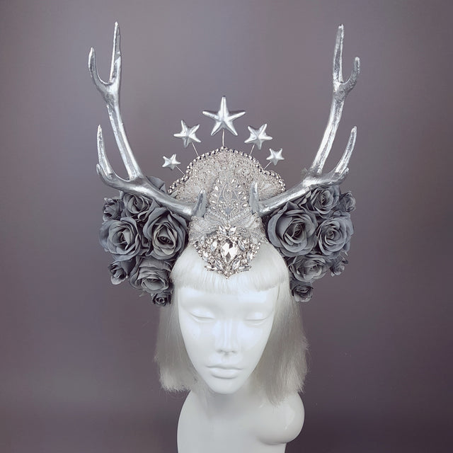 "Narnia" Grey Rose & Silver Antler Headband