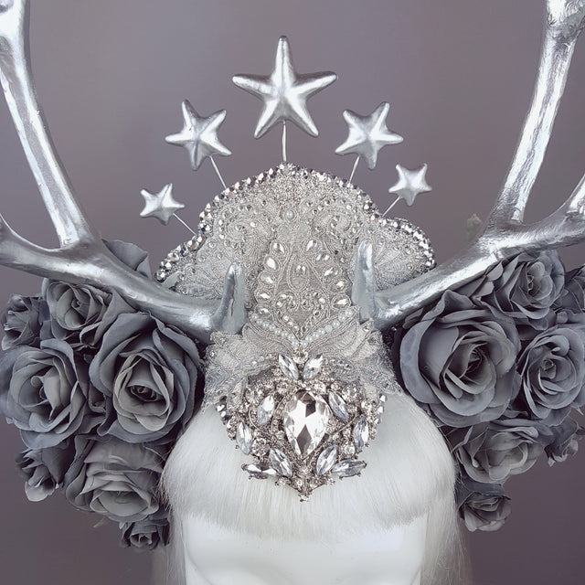 "Narnia" Grey Rose & Silver Antler Headband