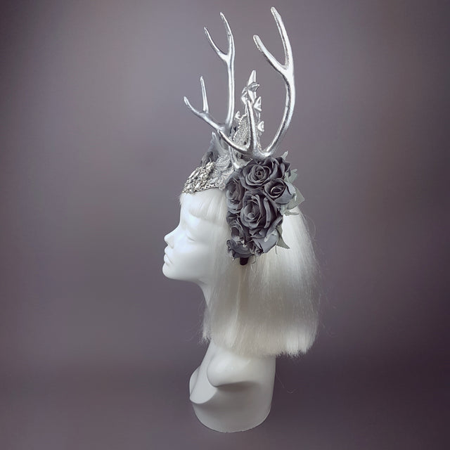 "Narnia" Grey Rose & Silver Antler Headband
