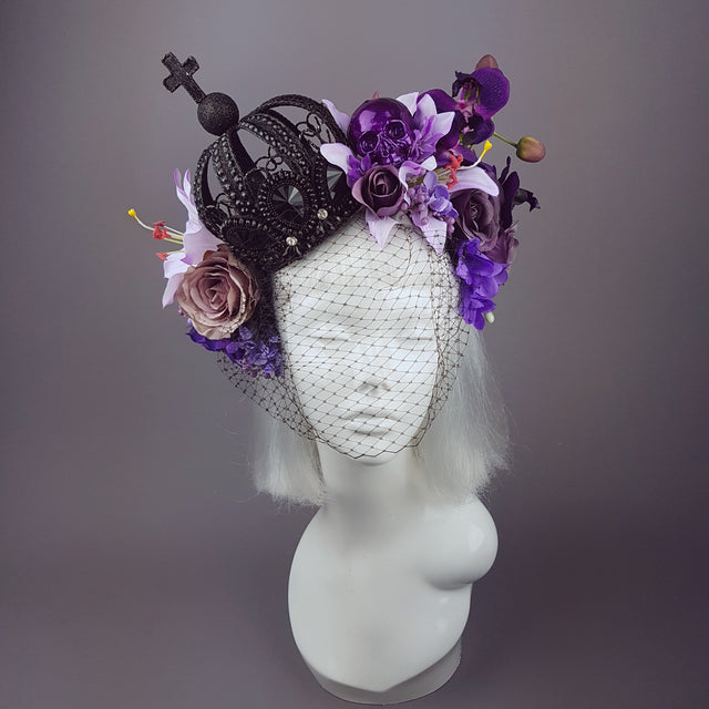 "Dark Queen" Black Crown & Skull Floral Headpiece