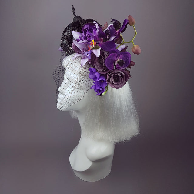 "Dark Queen" Black Crown & Skull Floral Headpiece