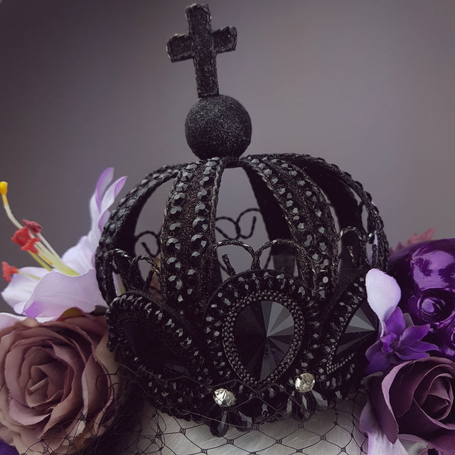 "Dark Queen" Black Crown & Skull Floral Headpiece