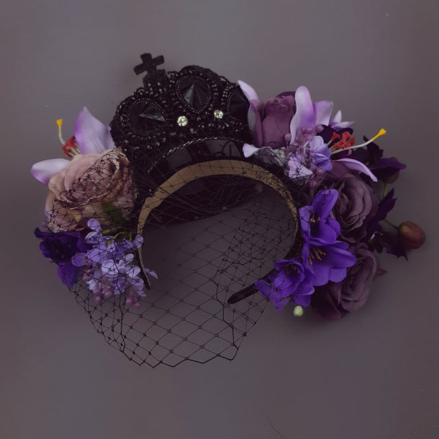 "Dark Queen" Black Crown & Skull Floral Headpiece