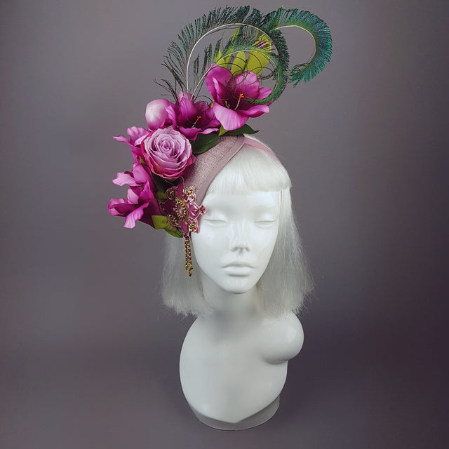 "Maurelle" Pink Purple Gladioli & Rose Headpiece with Peacock Feathers
