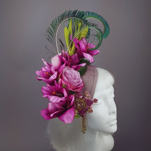 "Maurelle" Pink Purple Gladioli & Rose Headpiece with Peacock Feathers