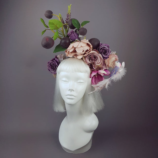 "Fleur De Prunier" Pink Purple Plum & Floral Rose Headpiece with Crystal Bird