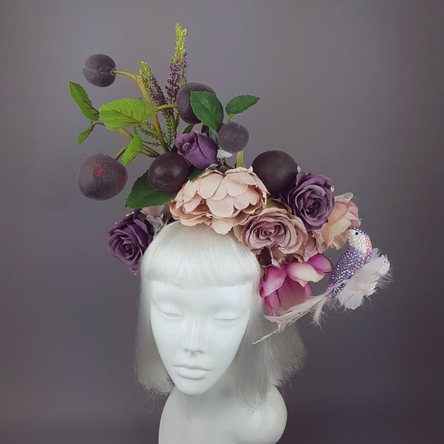 "Fleur De Prunier" Pink Purple Plum & Floral Rose Headpiece with Crystal Bird