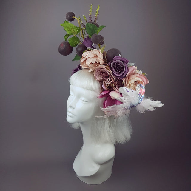 "Fleur De Prunier" Pink Purple Plum & Floral Rose Headpiece with Crystal Bird