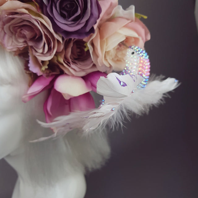 "Fleur De Prunier" Pink Purple Plum & Floral Rose Headpiece with Crystal Bird