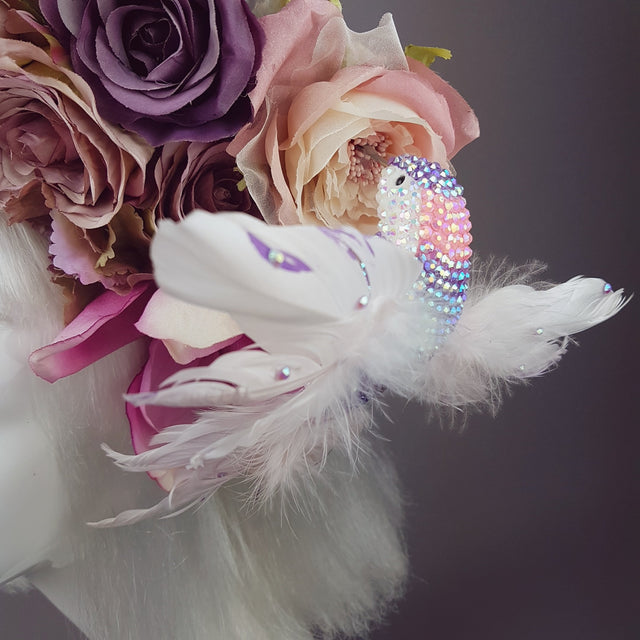 "Fleur De Prunier" Pink Purple Plum & Floral Rose Headpiece with Crystal Bird