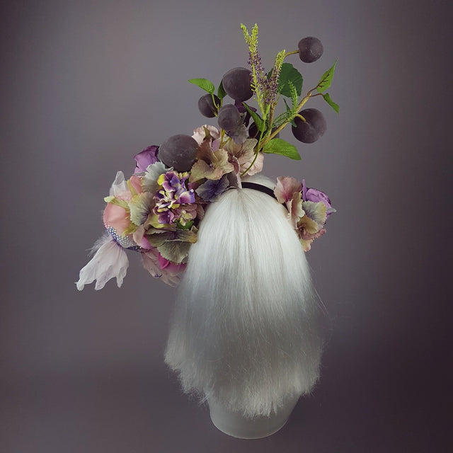 "Fleur De Prunier" Pink Purple Plum & Floral Rose Headpiece with Crystal Bird